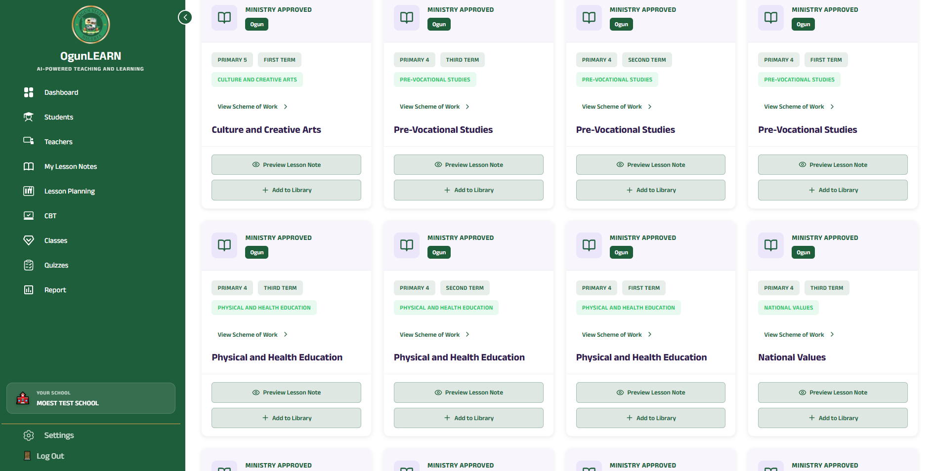 OgunLEARN lesson notes library showing ministry-approved curriculum notes for all subjects